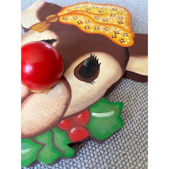 Vtg Hand Painted Wooden Reindeer Wall Hanging Rudolph Christmas Decor - Picture 2 of 5